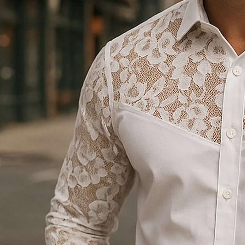 Men's Summer Elegant Simple Lace Patchwork Long Sleeve Shirt MTA2361E9P sold by Manly product image thumbnail 3