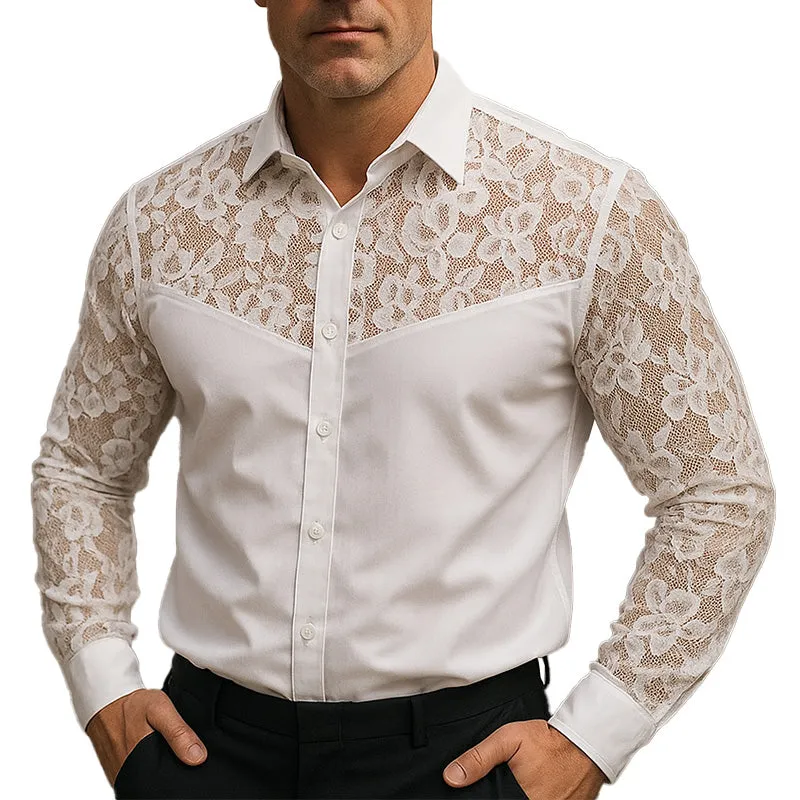 Men's Summer Elegant Simple Lace Patchwork Long Sleeve Shirt MTA2361E9P sold by Manly