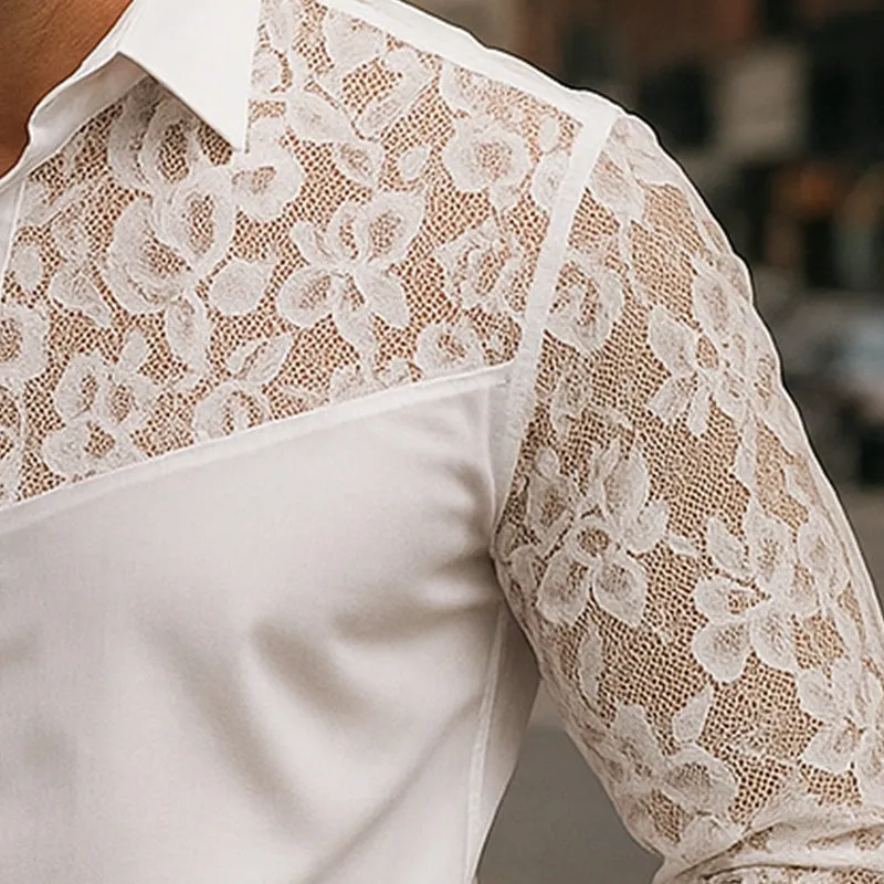 Men's Summer Elegant Simple Lace Patchwork Long Sleeve Shirt MTA2361E9P sold by Manly product image thumbnail 4