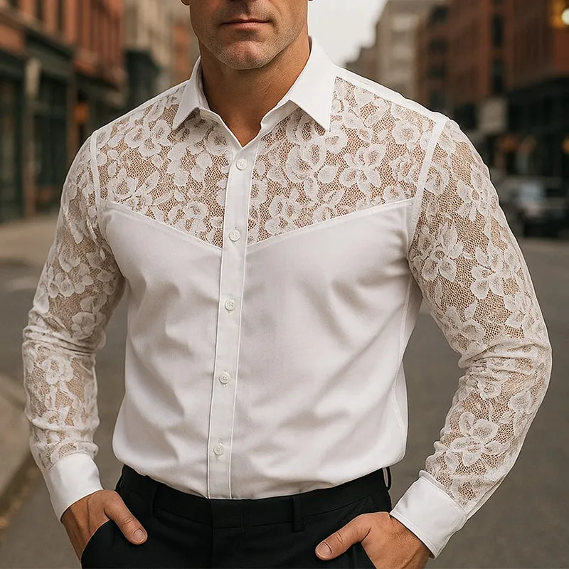 Men's Summer Elegant Simple Lace Patchwork Long Sleeve Shirt MTA2361E9P sold by Manly product image thumbnail 2