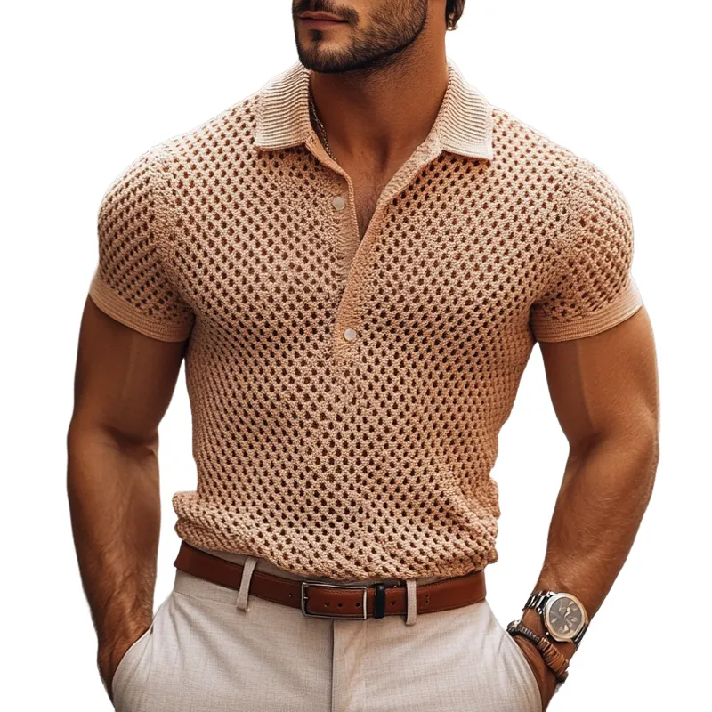 Men's Fashion Knit Hollow Out Lapel Short Sleeve Casual Polo Shirt MTA2242E3Z sold by Manly