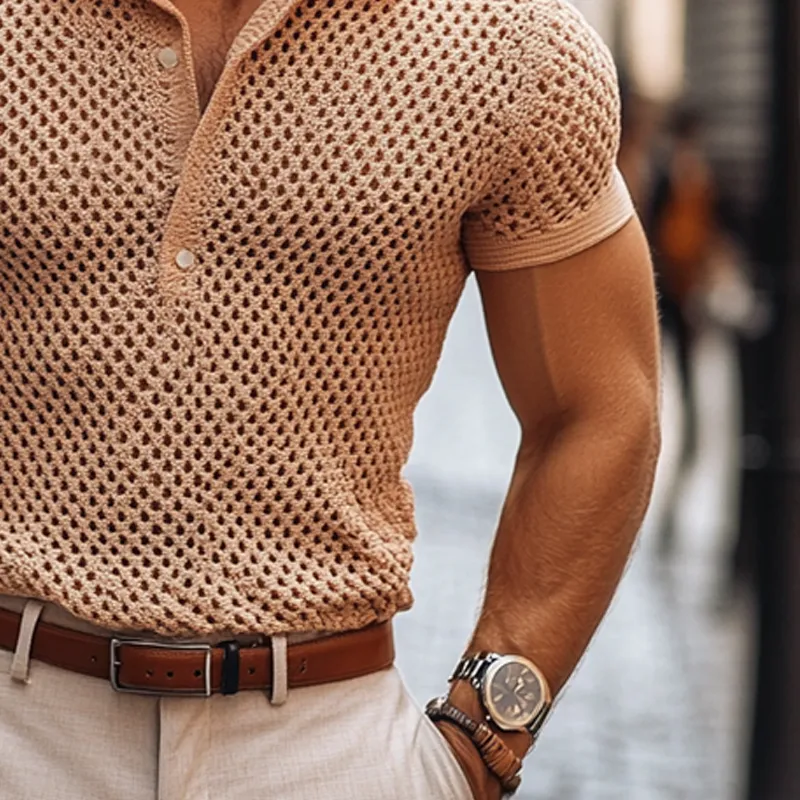 Men's Fashion Knit Hollow Out Lapel Short Sleeve Casual Polo Shirt MTA2242E3Z sold by Manly product image thumbnail 4