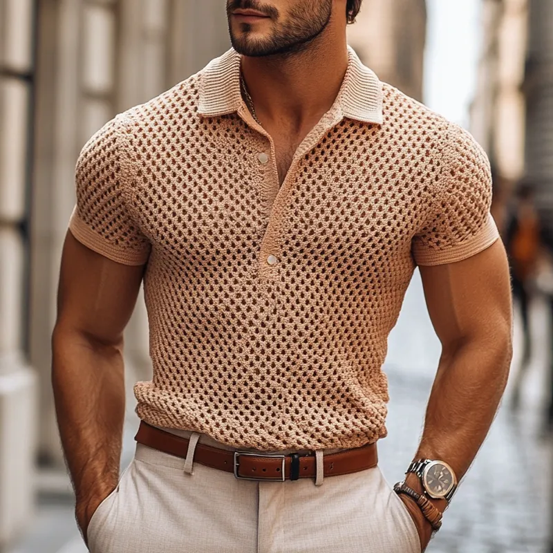 Men's Fashion Knit Hollow Out Lapel Short Sleeve Casual Polo Shirt MTA2242E3Z sold by Manly product image thumbnail 2