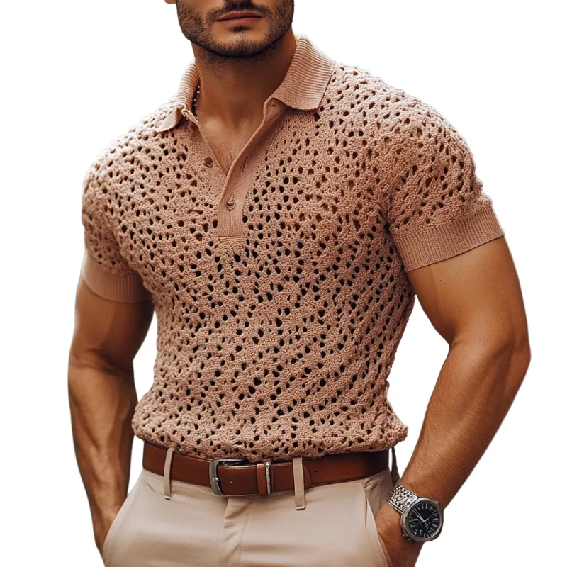 Men's Fashion Knit Hollow Out Lapel Short Sleeve Casual Polo Shirt MTA2258E1Z sold by Manly
