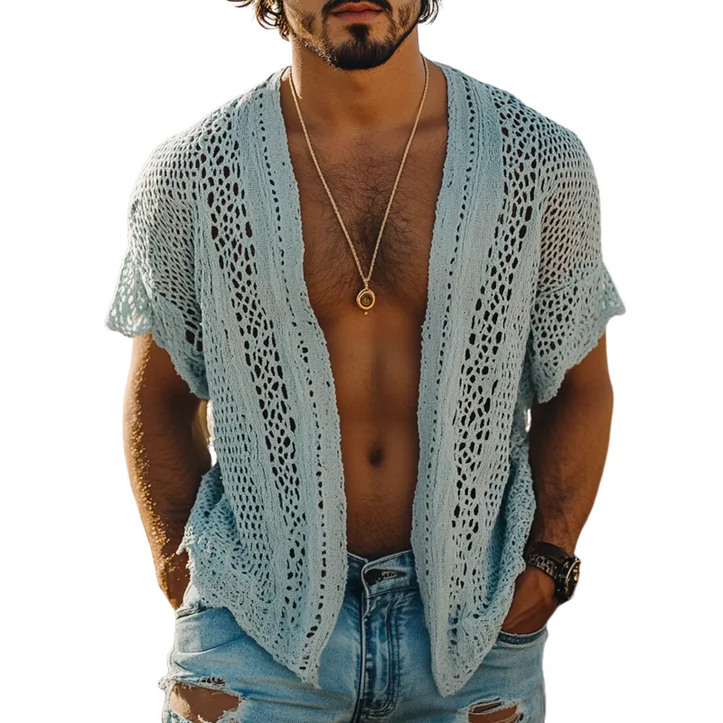 Men's Fashion Knit Hollow Out Short Sleeve Casual Cardigan Shirt MTA2182E0Z sold by Manly