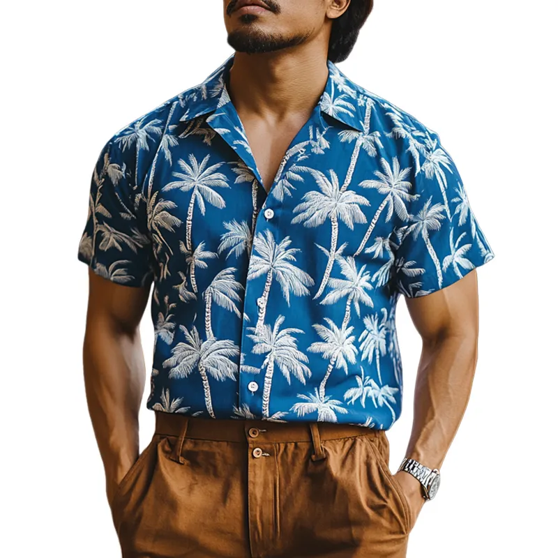 Men's Fashion Coconut Tree Print Lapel Short Sleeve Casual Shirt MTA2231E8Z sold by Manly