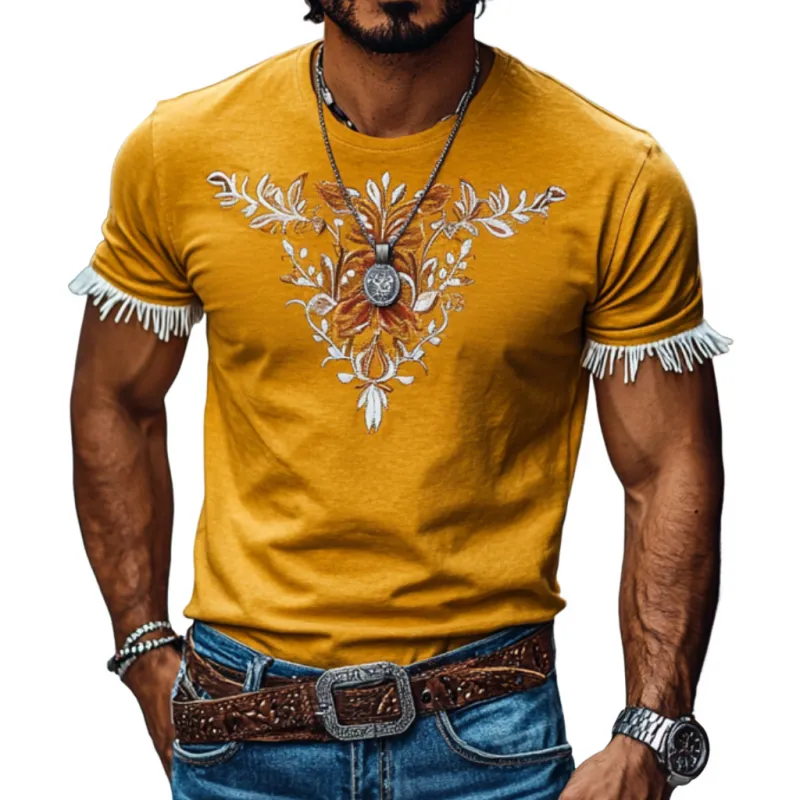 Men's Casual Cotton Round Neck Chest Embroidery Cuffs Stitching Tassel Slim Fit Short Sleeve T-shirt MTA2175E4M sold by Manly