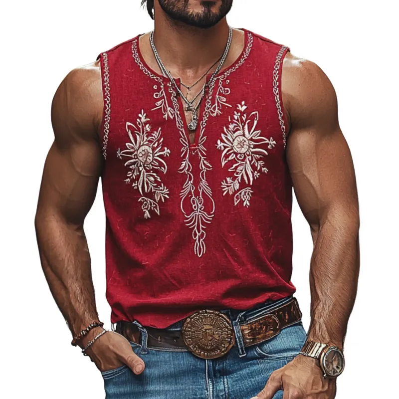 Men's Casual Breathable Cotton V-Neck Flower Embroidery Slim Fit Western Tank Top MTA2197E6M sold by Manly