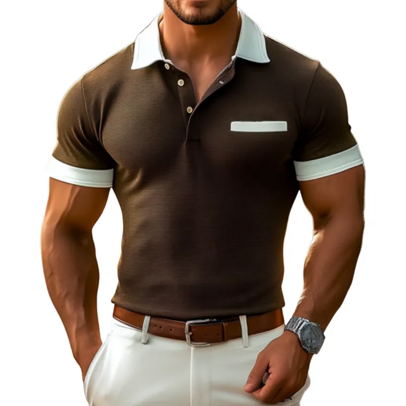 Men's Casual Premium Cotton Contrast Color Patchwork Lapel Slim Fit Short-sleeved Polo Shirt MTA1651E0M sold by Manly