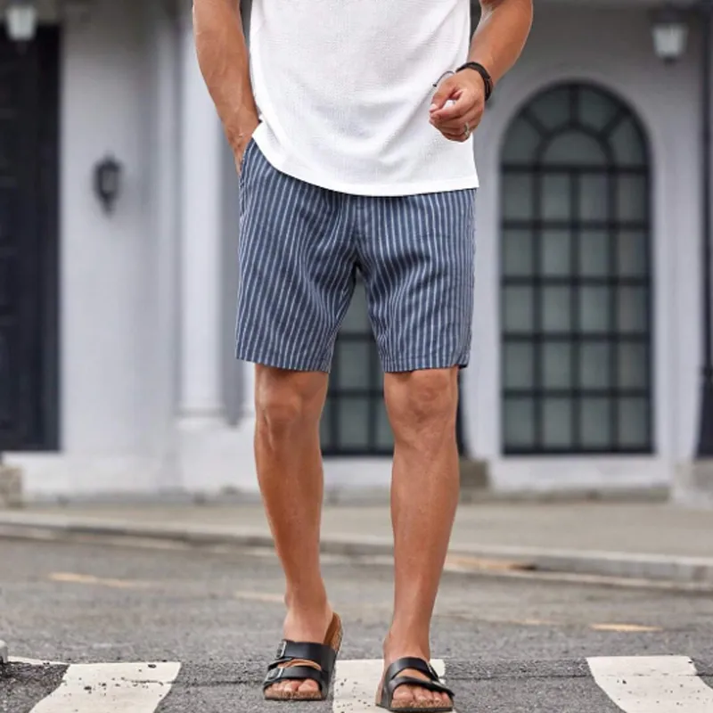 Men's New Summer Classic Casual Elastic Waist Loose Vertical Striped Cotton And Linen Shorts MTA2708E2K sold by Manly product image thumbnail 3