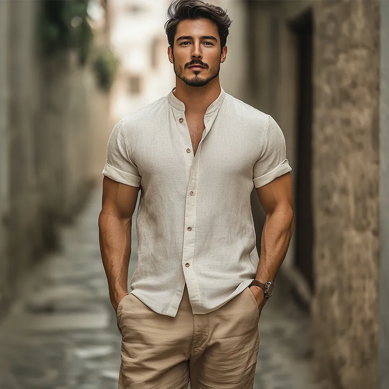 Men's Fashion Casual Classic Stand Collar Slim Fit Cotton And Linen Short-sleeved Shirt MTA2788E5K sold by Manly product image thumbnail 3