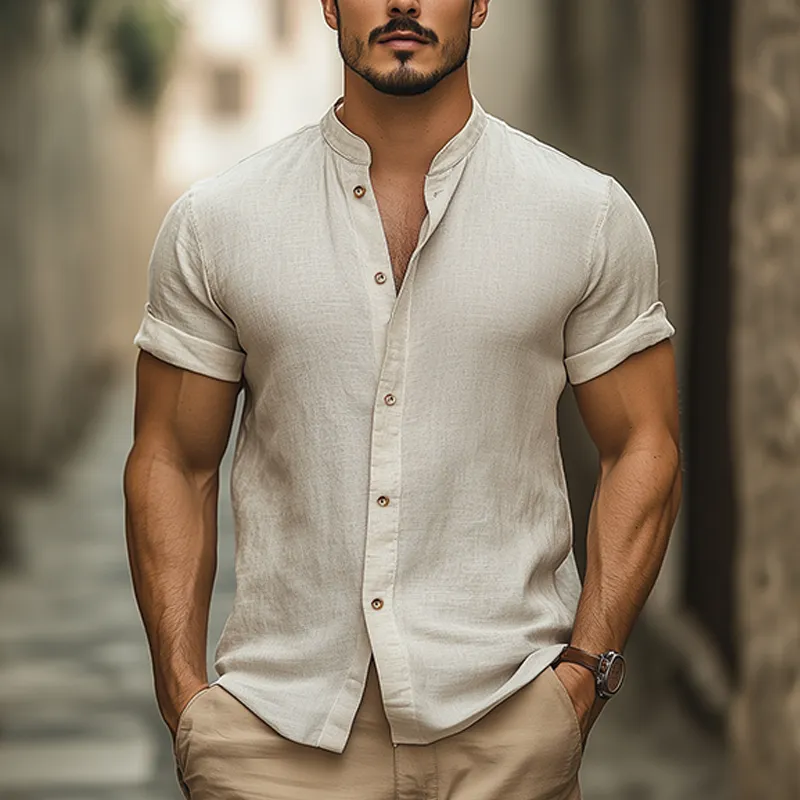 Men's Fashion Casual Classic Stand Collar Slim Fit Cotton And Linen Short-sleeved Shirt MTA2788E5K sold by Manly product image thumbnail 2