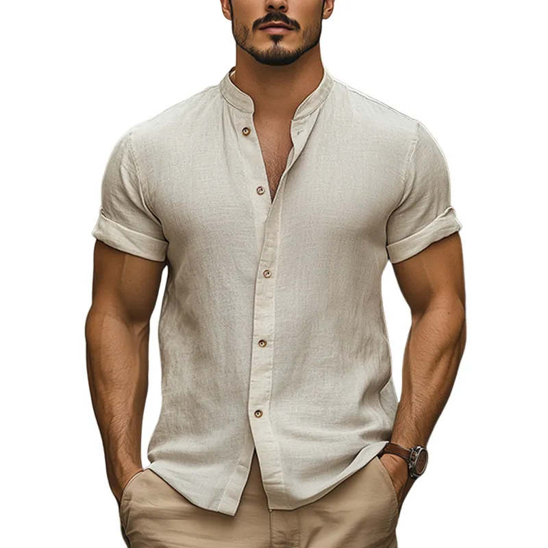 Men's Fashion Casual Classic Stand Collar Slim Fit Cotton And Linen Short-sleeved Shirt MTA2788E5K sold by Manly