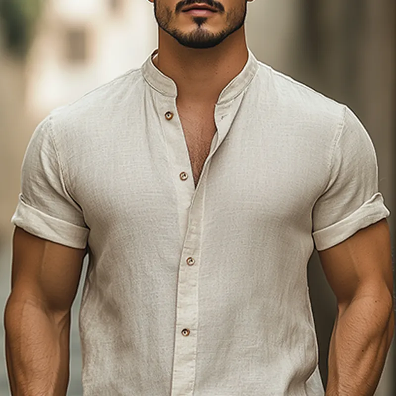 Men's Fashion Casual Classic Stand Collar Slim Fit Cotton And Linen Short-sleeved Shirt MTA2788E5K sold by Manly product image thumbnail 4