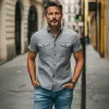 Men's Fashion Casual Classic Lapel Slim Fit Cotton And Linen Multi-pocket Short-sleeved Shirt MTA2795E4K sold by Manly