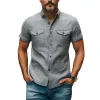 Men's Fashion Casual Classic Lapel Slim Fit Cotton And Linen Multi-pocket Short-sleeved Shirt MTA2795E4K sold by Manly
