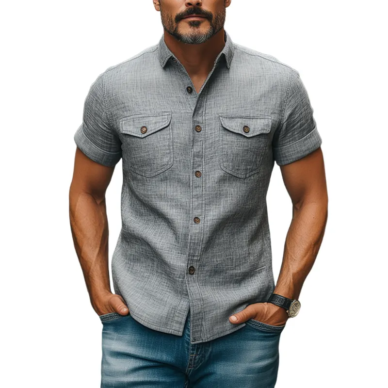 Men's Fashion Casual Classic Lapel Slim Fit Cotton And Linen Multi-pocket Short-sleeved Shirt MTA2795E4K sold by Manly