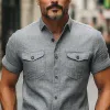Men's Fashion Casual Classic Lapel Slim Fit Cotton And Linen Multi-pocket Short-sleeved Shirt MTA2795E4K sold by Manly