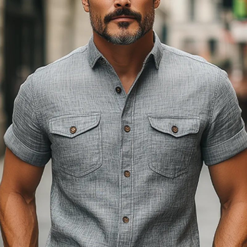 Men's Fashion Casual Classic Lapel Slim Fit Cotton And Linen Multi-pocket Short-sleeved Shirt MTA2795E4K sold by Manly product image thumbnail 4