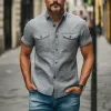 Men's Fashion Casual Classic Lapel Slim Fit Cotton And Linen Multi-pocket Short-sleeved Shirt MTA2795E4K sold by Manly