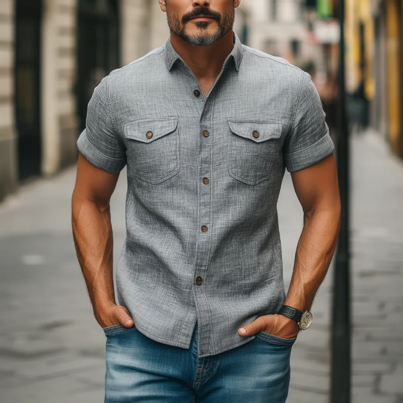 Men's Fashion Casual Classic Lapel Slim Fit Cotton And Linen Multi-pocket Short-sleeved Shirt MTA2795E4K sold by Manly product image thumbnail 2