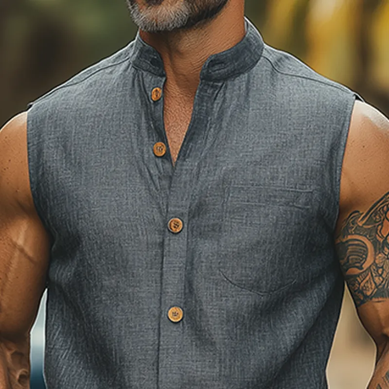 Men's Fashion Casual Classic Retro Stand Collar Tough Style Cotton And Linen Sleeveless Shirt MTA2738E9K sold by Manly product image thumbnail 4