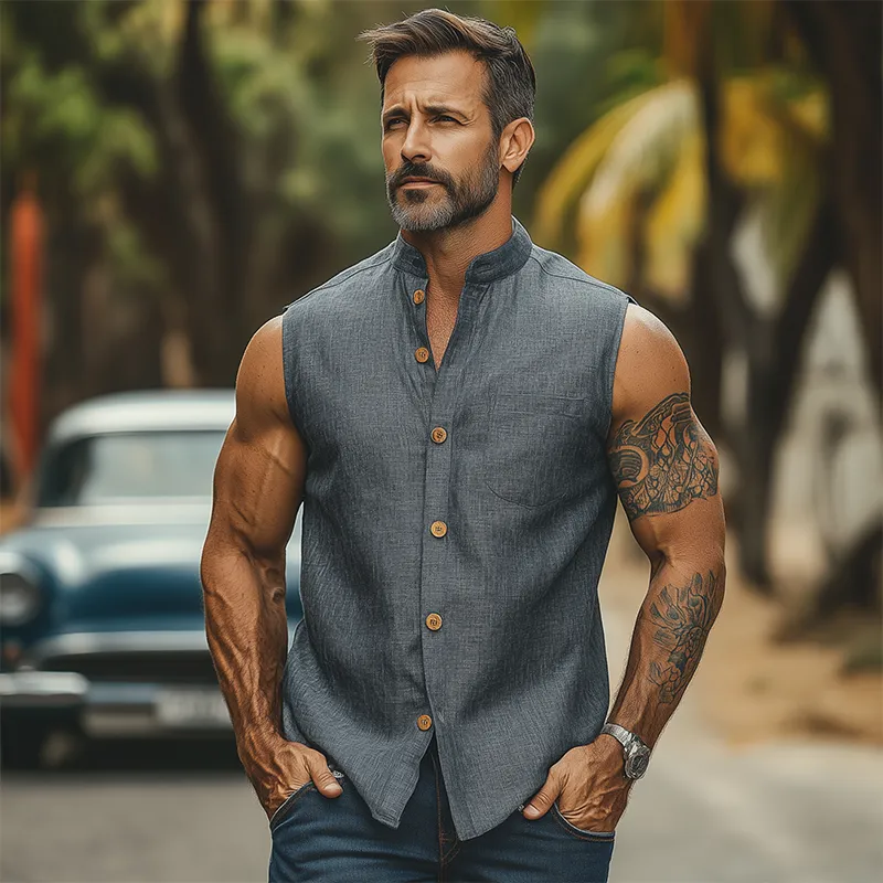 Men's Fashion Casual Classic Retro Stand Collar Tough Style Cotton And Linen Sleeveless Shirt MTA2738E9K sold by Manly product image thumbnail 3