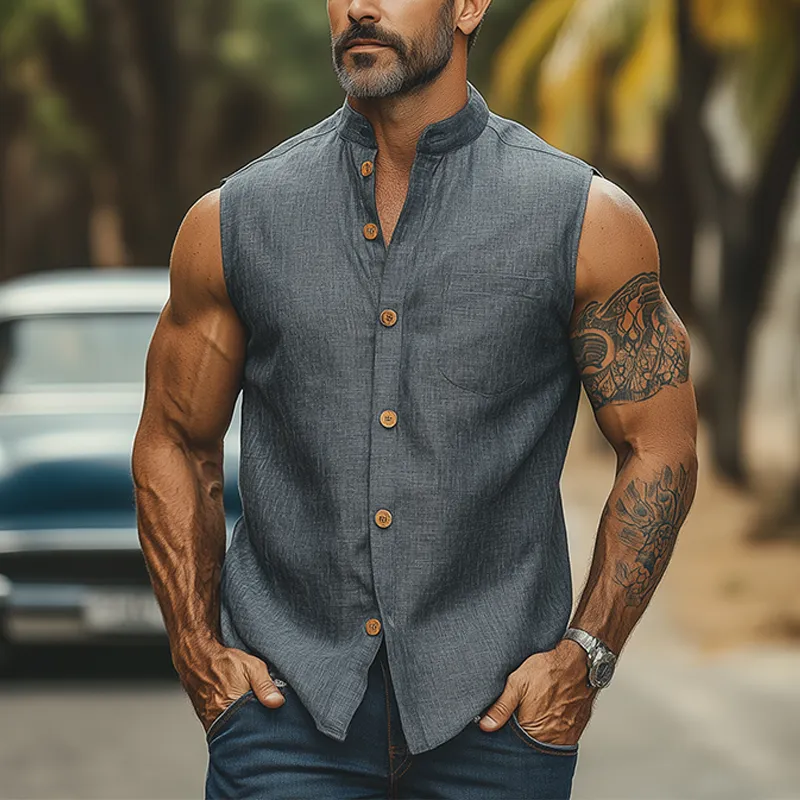 Men's Fashion Casual Classic Retro Stand Collar Tough Style Cotton And Linen Sleeveless Shirt MTA2738E9K sold by Manly product image thumbnail 2
