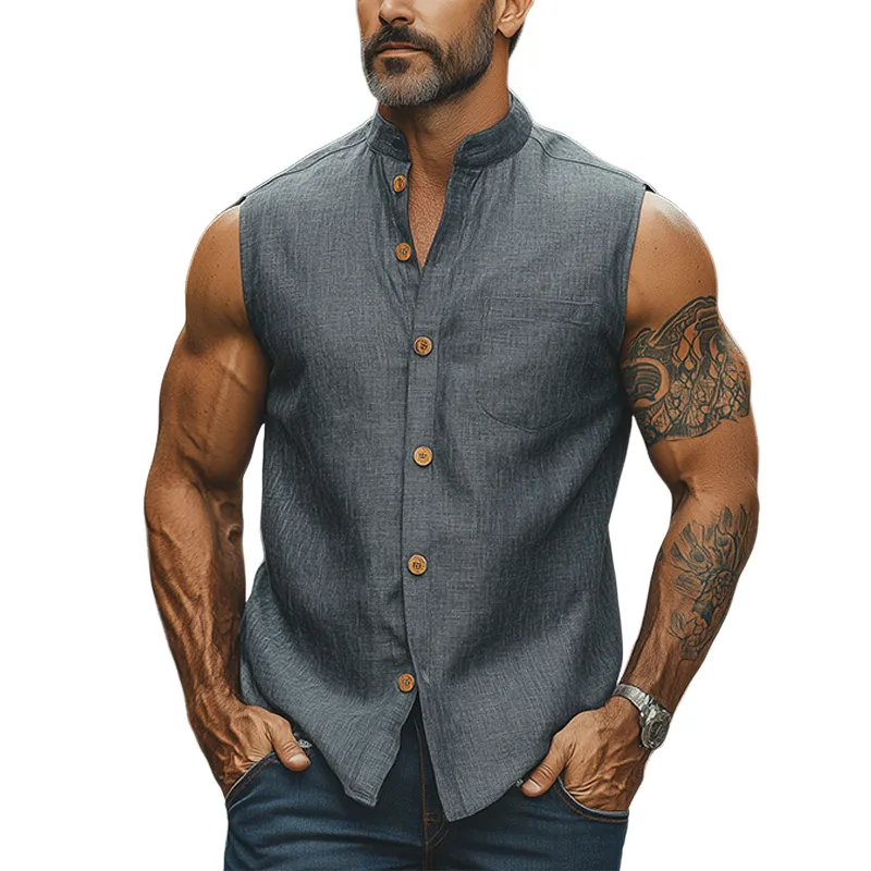 Men's Fashion Casual Classic Retro Stand Collar Tough Style Cotton And Linen Sleeveless Shirt MTA2738E9K sold by Manly