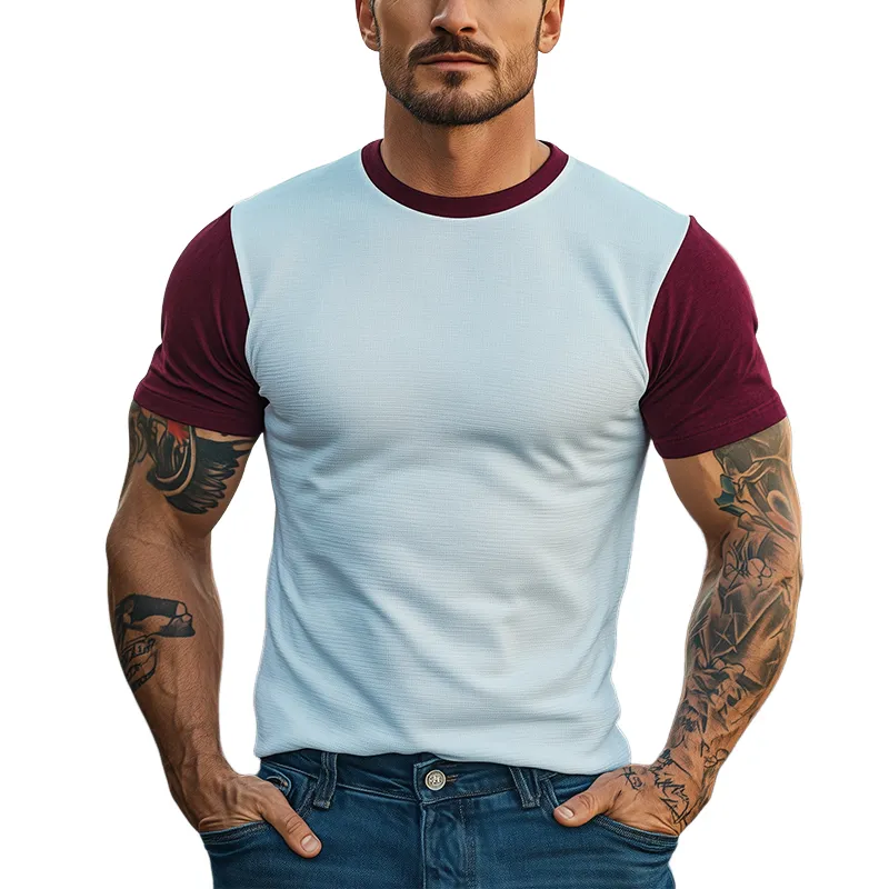 Men's Summer New Casual American Retro Western Tough Guy Style Breathable Sports Knitted Fabric Stitching Stitching Cotton Blended Slim Short-sleeved T-shirt MTA2747E5K sold by Manly