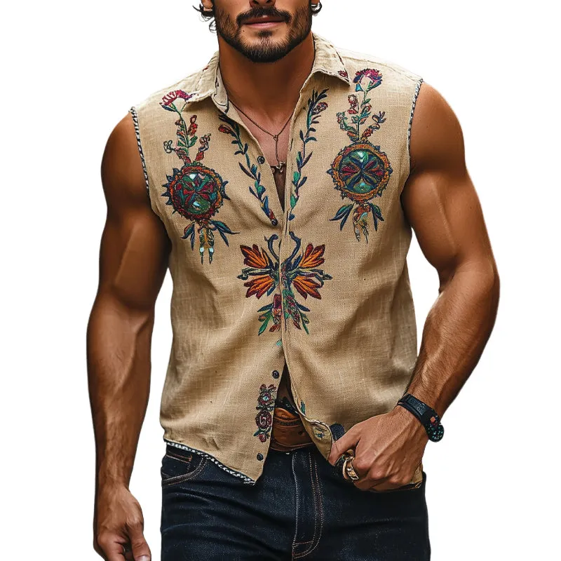 Men's Vintage Floral Embroidered Lapel Sleeveless Shirt MTA2757E9X sold by Manly
