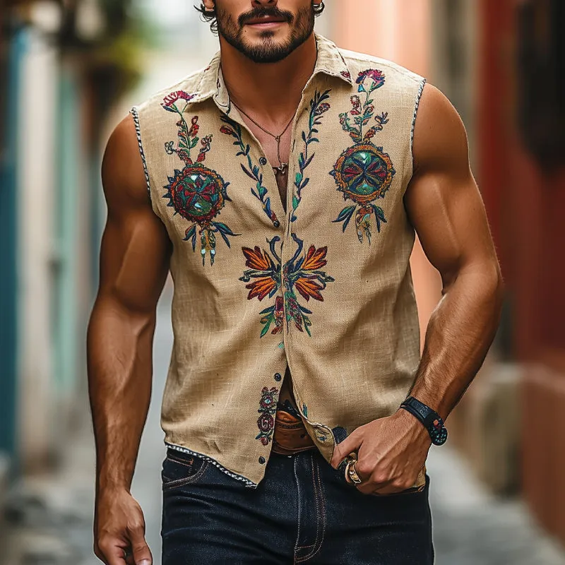 Men's Vintage Floral Embroidered Lapel Sleeveless Shirt MTA2757E9X sold by Manly product image thumbnail 2