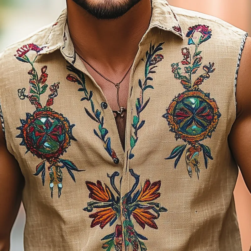 Men's Vintage Floral Embroidered Lapel Sleeveless Shirt MTA2757E9X sold by Manly product image thumbnail 3