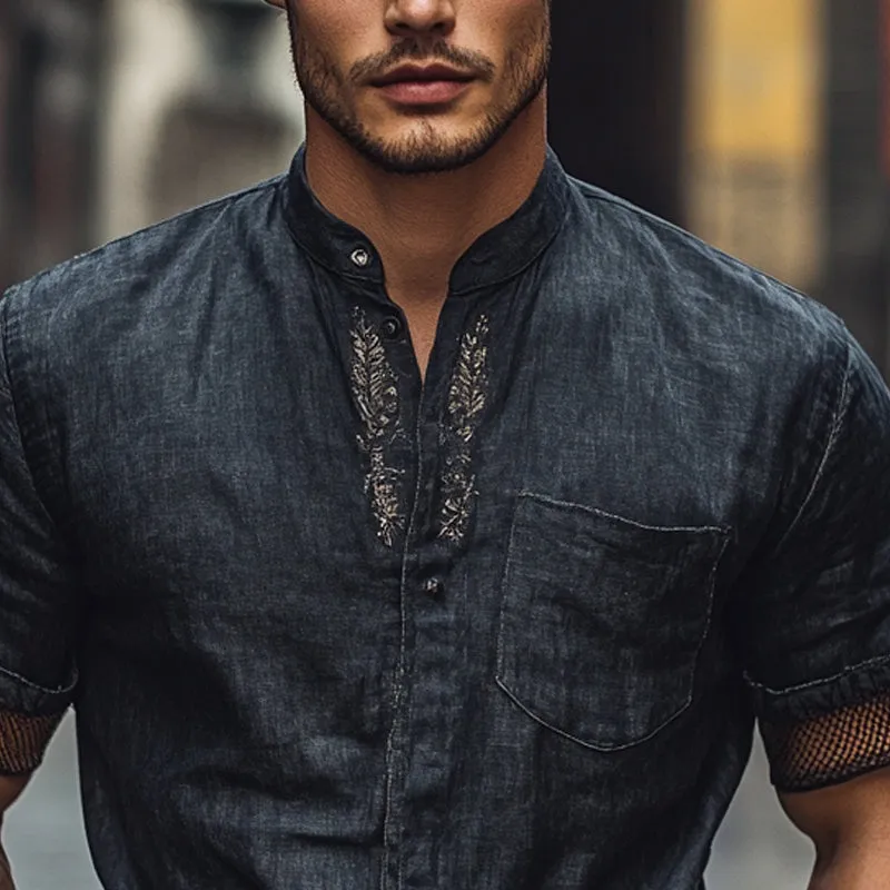 Men's Solid Color Embroidered Stand Collar Short Sleeve Shirt MTA2747E8X sold by Manly product image thumbnail 3