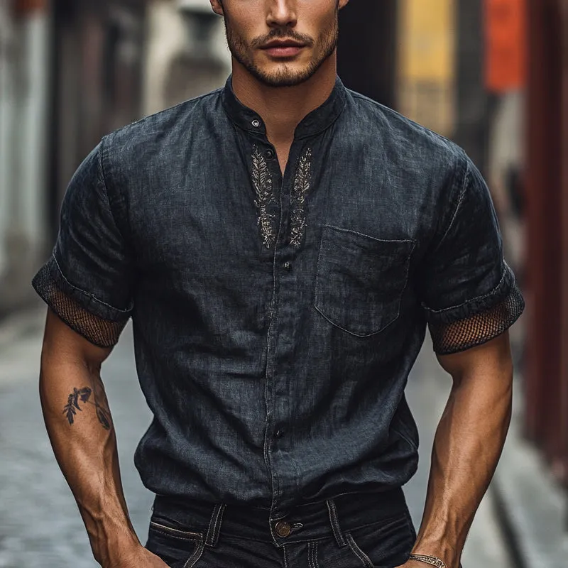 Men's Solid Color Embroidered Stand Collar Short Sleeve Shirt MTA2747E8X sold by Manly product image thumbnail 2