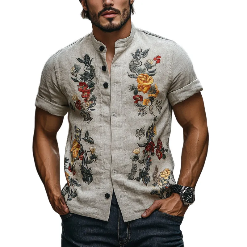 Men's Floral Embroidered Slim Fit Short Sleeve Stand Collar Shirt MTA2700E8X sold by Manly