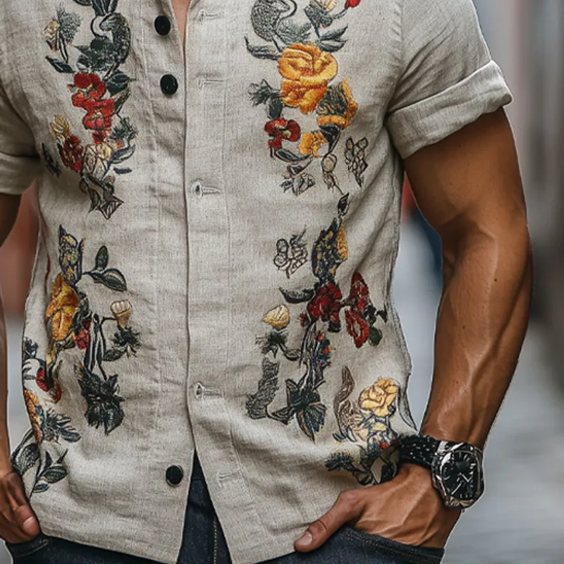 Men's Floral Embroidered Slim Fit Short Sleeve Stand Collar Shirt MTA2700E8X sold by Manly product image thumbnail 3