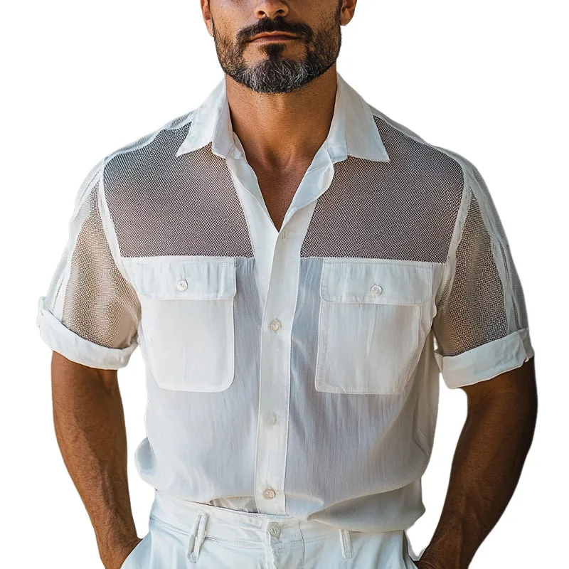 Men's Solid Color Stitching Multi-Pocket Short-Sleeved Shirt MTA2748E5X sold by Manly