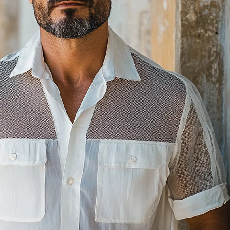 Men's Solid Color Stitching Multi-Pocket Short-Sleeved Shirt MTA2748E5X sold by Manly product image thumbnail 3