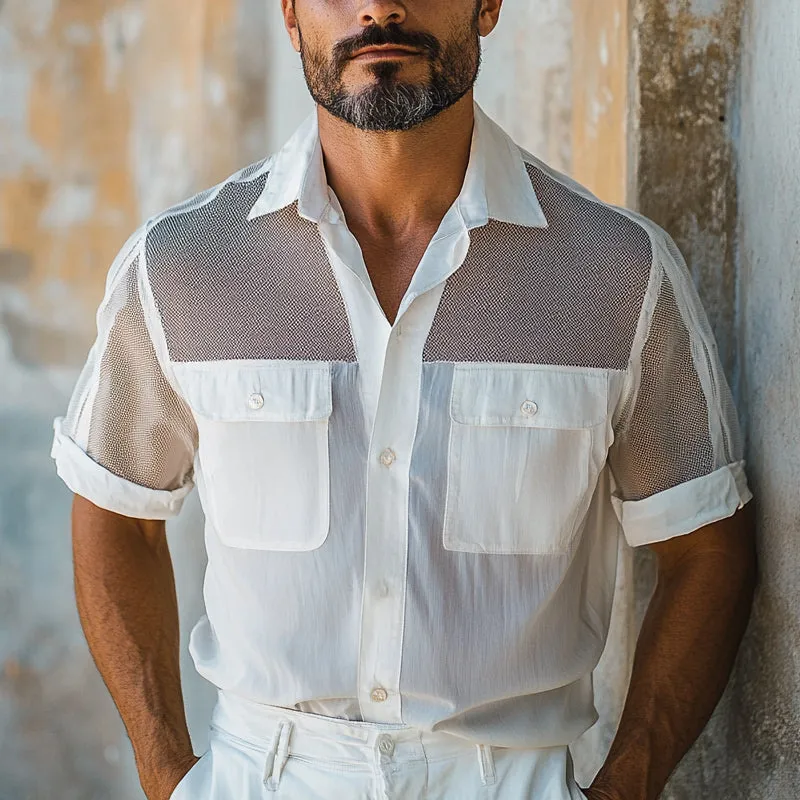 Men's Solid Color Stitching Multi-Pocket Short-Sleeved Shirt MTA2748E5X sold by Manly product image thumbnail 2