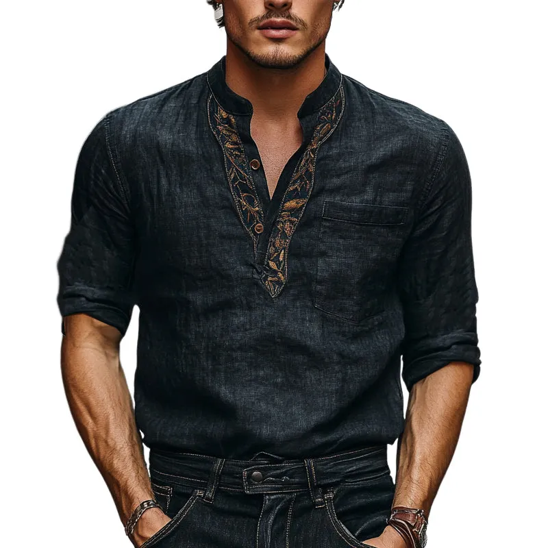 Men's Cotton And Linen Embroidered Stand-Up Collar Long-Sleeved Pullover Shirt  MTA2794E5X sold by Manly