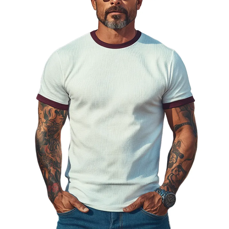 Men's Summer New Casual American Retro Western Tough Guy Style Slim Sports Breathable Knitted Fabric Short-sleeved T-shirt MTA2774E4K sold by Manly