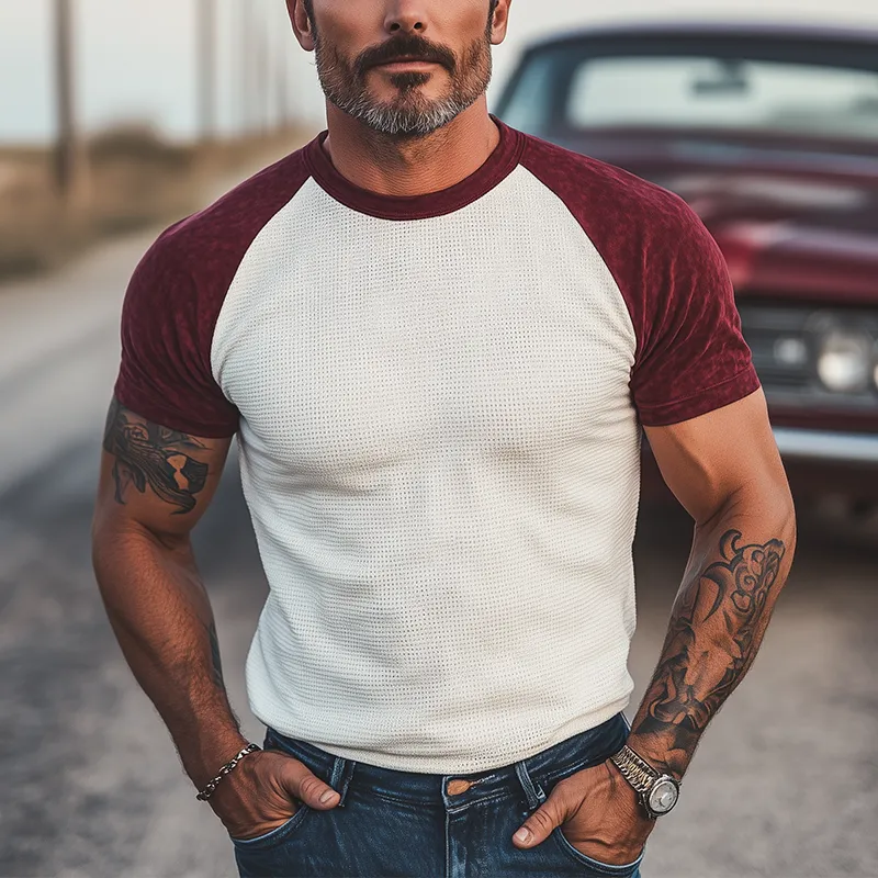 Men's Summer New Casual American Retro Western Tough Guy Style Waffle Stitching Suede Raglan Sleeve Slim Short-sleeved T-shirt MTA2734E7K sold by Manly product image thumbnail 2