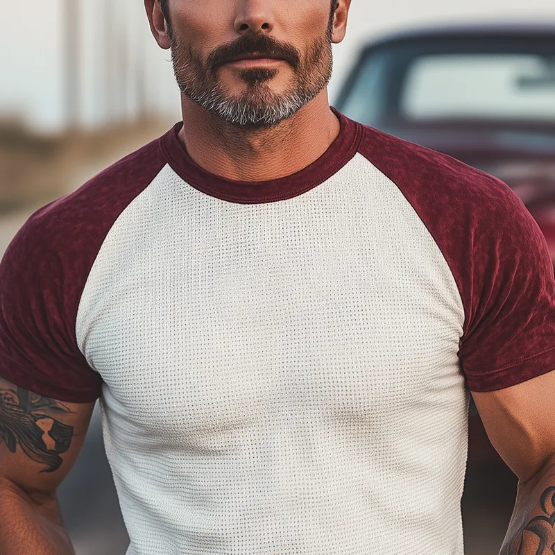 Men's Summer New Casual American Retro Western Tough Guy Style Waffle Stitching Suede Raglan Sleeve Slim Short-sleeved T-shirt MTA2734E7K sold by Manly product image thumbnail 4
