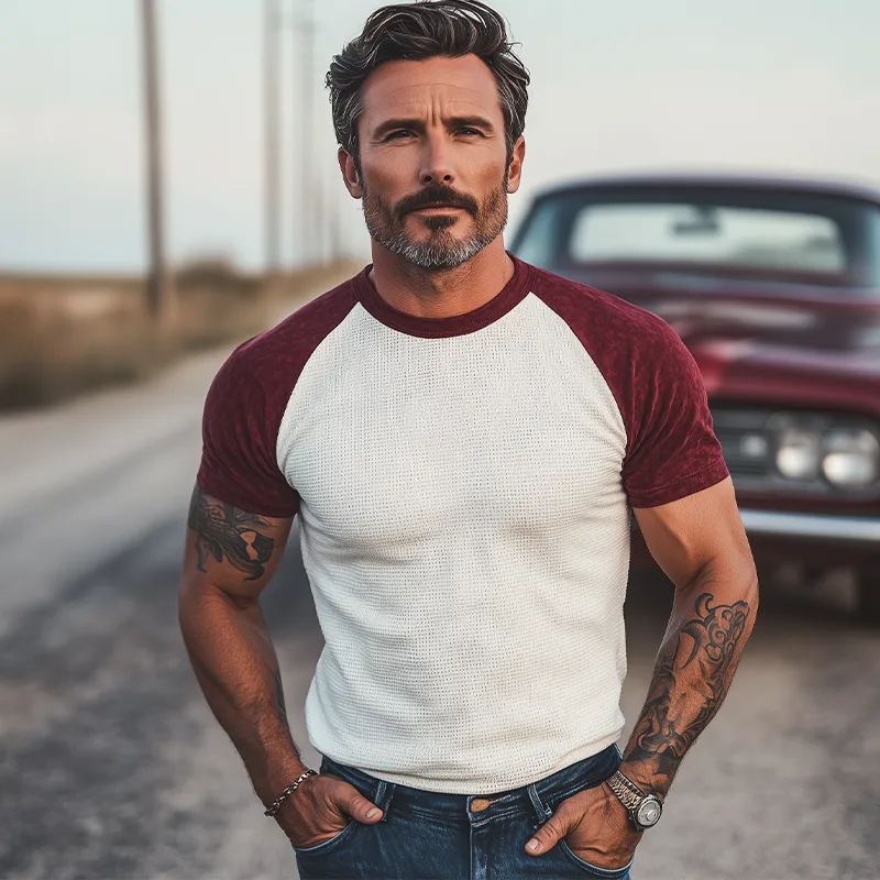 Men's Summer New Casual American Retro Western Tough Guy Style Waffle Stitching Suede Raglan Sleeve Slim Short-sleeved T-shirt MTA2734E7K sold by Manly product image thumbnail 3