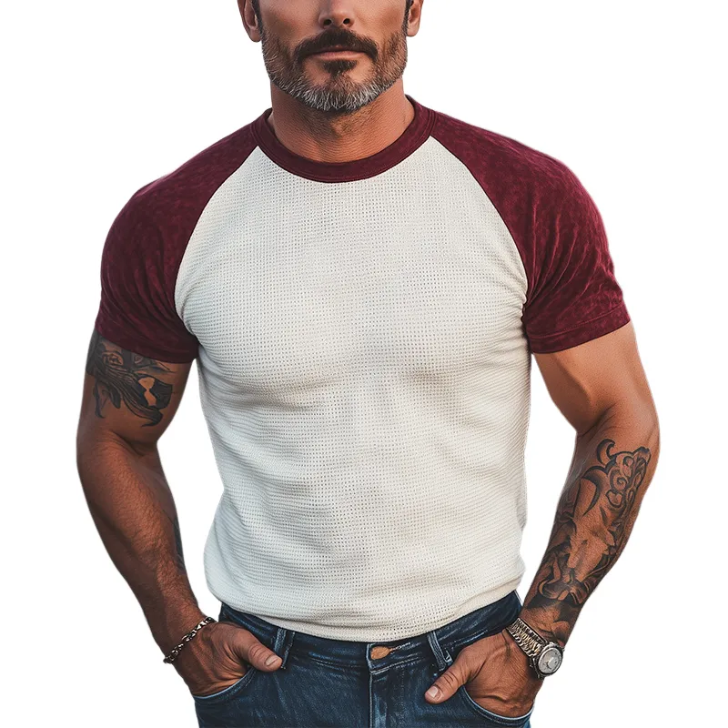 Men's Summer New Casual American Retro Western Tough Guy Style Waffle Stitching Suede Raglan Sleeve Slim Short-sleeved T-shirt MTA2734E7K made by Manly