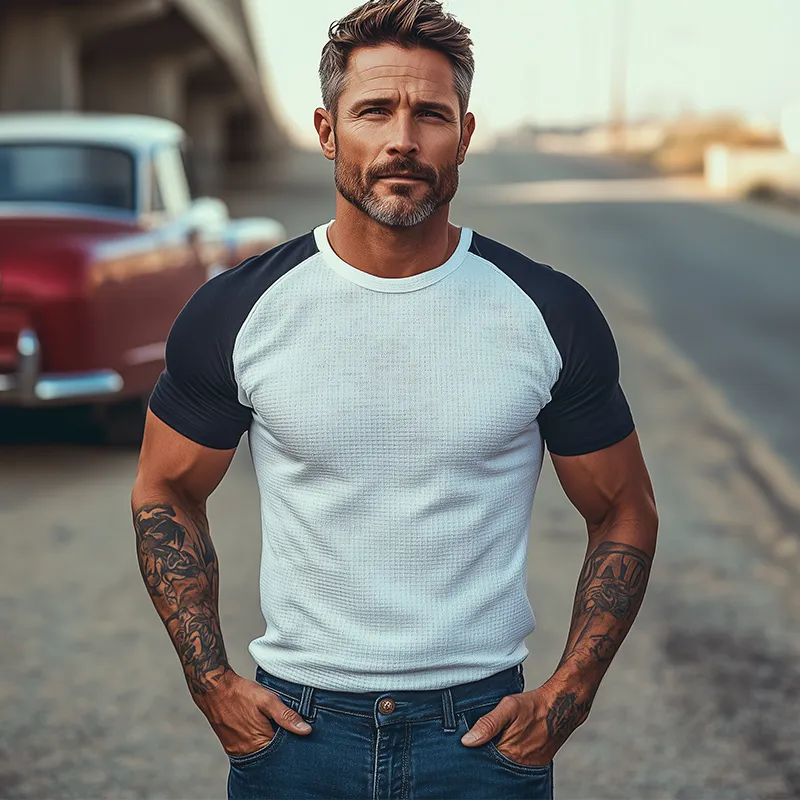 Men's Summer New Casual American Retro Western Tough Guy Style Slim Waffle Stitching Elastic Sports Fabric Raglan Sleeve Short-sleeved T-shirt MTA2776E3K sold by Manly product image thumbnail 3