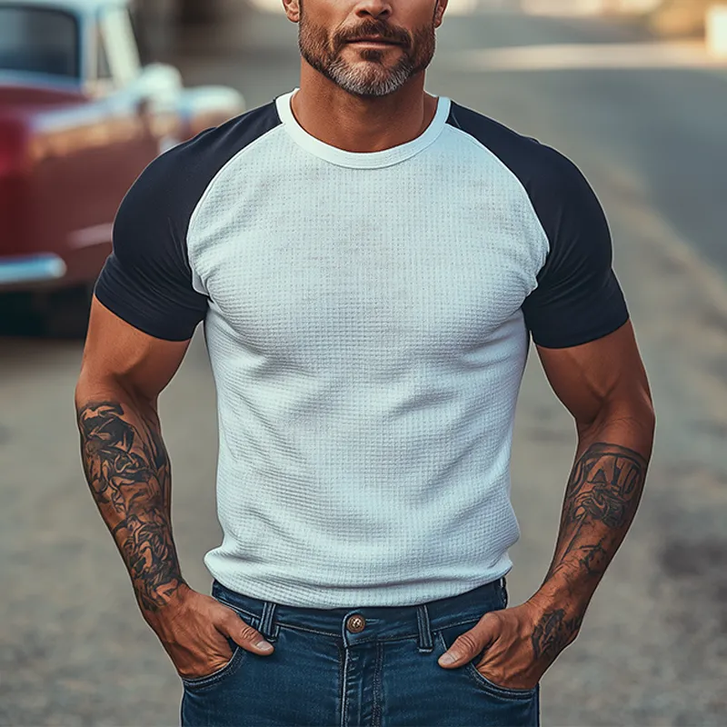 Men's Summer New Casual American Retro Western Tough Guy Style Slim Waffle Stitching Elastic Sports Fabric Raglan Sleeve Short-sleeved T-shirt MTA2776E3K sold by Manly product image thumbnail 2