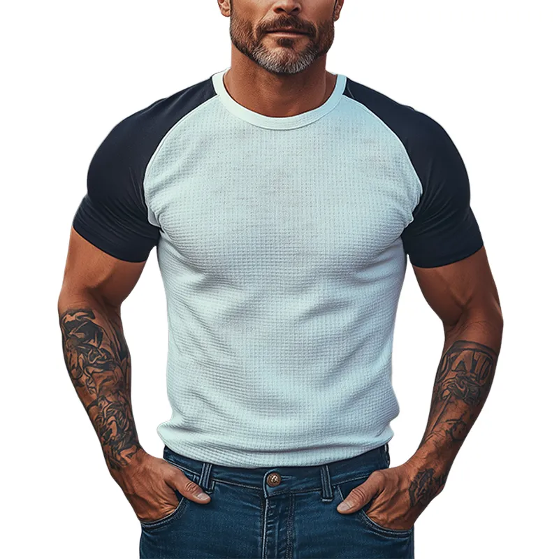Men's Summer New Casual American Retro Western Tough Guy Style Slim Waffle Stitching Elastic Sports Fabric Raglan Sleeve Short-sleeved T-shirt MTA2776E3K sold by Manly