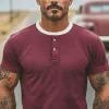 Men's Summer New Casual American Retro Western Tough Style Henry Collar Slim Fit Knitted Short-sleeved T-shirt  MTA2724E2K sold by Manly